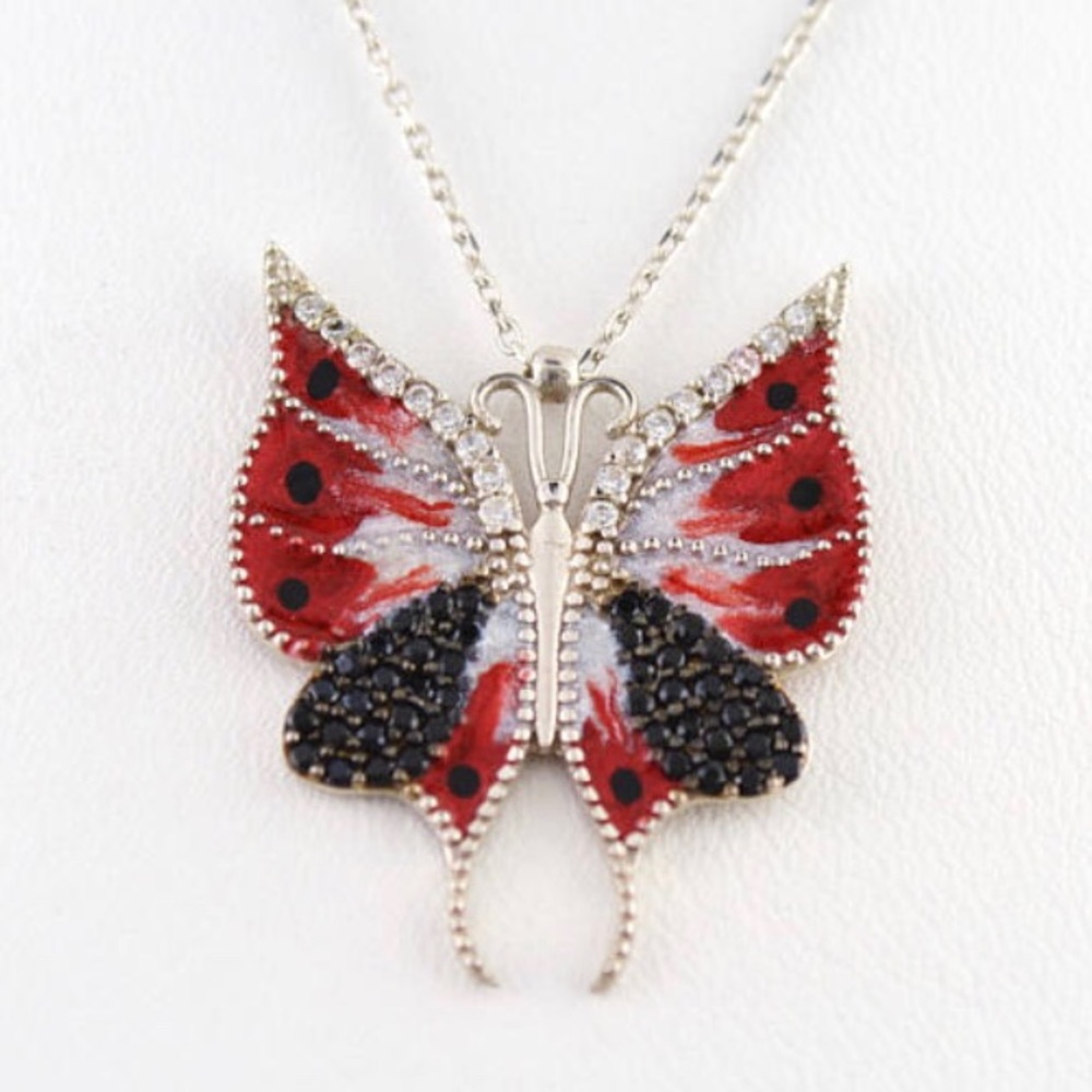 925 Silver necklace red butterfly handmade enamel